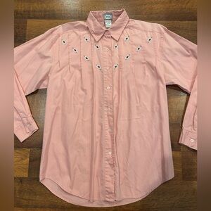 Vintage 100% Cotton Western Button Front Embroidered Floral Shirt Pink Small